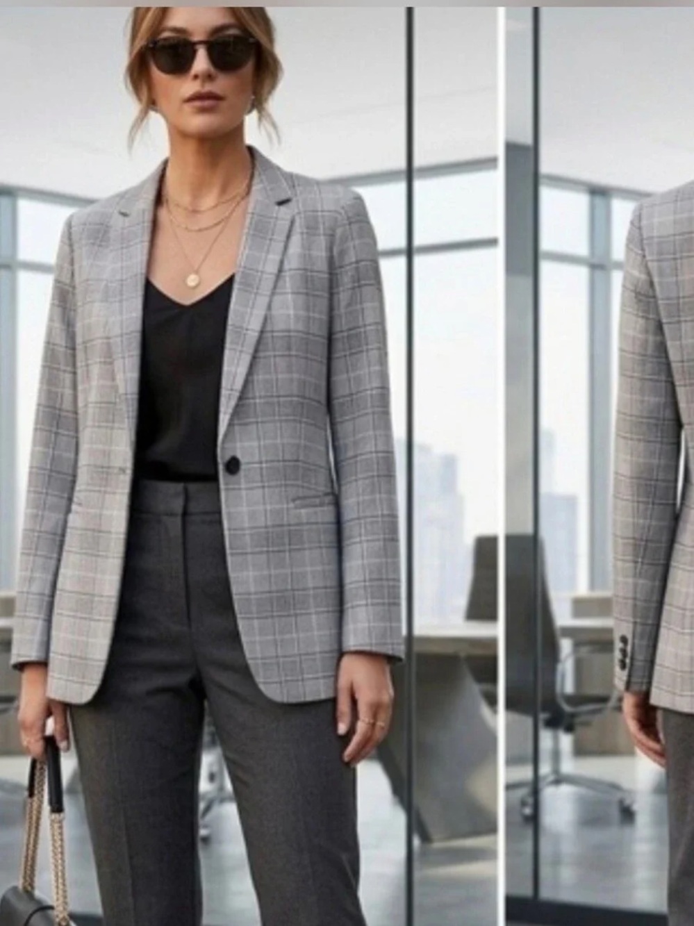 Banana Republic | Women’s Grey Plaid Long And Lean Single-Button Blazer Size 4